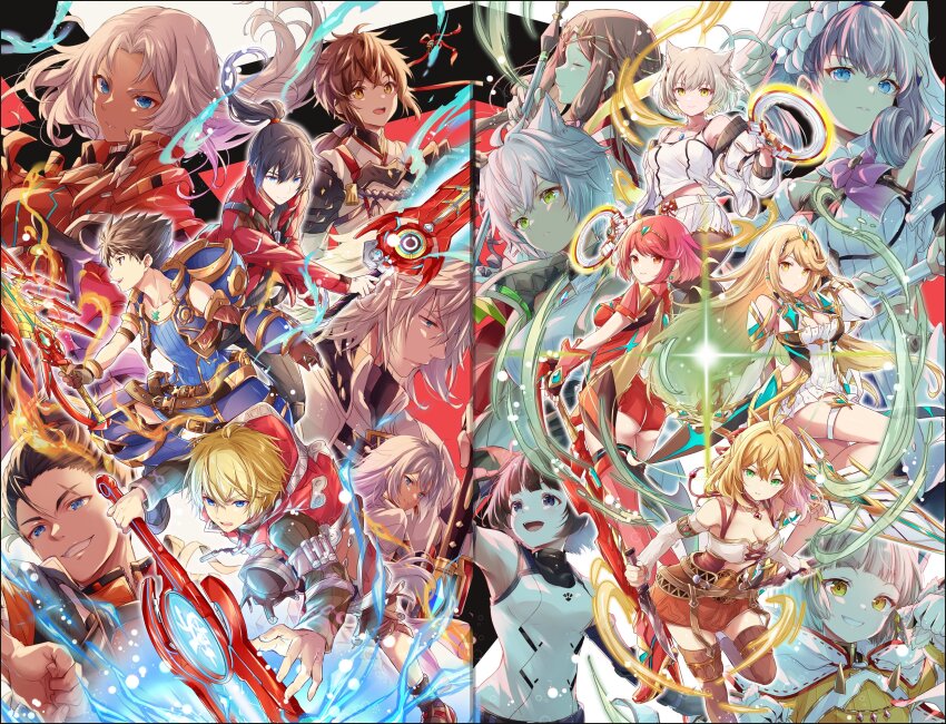5boys 6+girls a_(xenoblade) animal_ear_fluff animal_ears bare_shoulders black_pantyhose blonde_hair blue_eyes blue_vest breasts brown_hair cat_ears cat_girl chakram cleavage cleavage_cutout clothing_cutout commentary_request dress electricity elma_(xenoblade_x) energy_sword fan_la_norne fiora_(xenoblade) fire grey_hair group_picture head_wings high_ponytail highres holding holding_sword holding_weapon in-franchise_crossover jacket jin_(xenoblade) lin_lee_koo long_hair lora_(xenoblade) matthew_(xenoblade) melia_antiqua miniskirt mio_(xenoblade) monado multiple_boys multiple_girls mythra_(xenoblade) na&#039;el_(xenoblade) nia_(xenoblade) noah_(xenoblade) pantyhose pleated_skirt ponytail pyra_(xenoblade) red_eyes red_hair red_jacket red_shorts rex_(xenoblade) scar_across_eyebrow scar_on_face short_hair shorts shulk_(xenoblade) skirt sleeveless sleeveless_jacket sword tank_top ui_frara vest weapon white_dress white_jacket white_skirt white_tank_top wings xenoblade_chronicles_(series) xenoblade_chronicles_1 xenoblade_chronicles_2 xenoblade_chronicles_2:_torna_-_the_golden_country xenoblade_chronicles_3 xenoblade_chronicles_3:_future_redeemed xenoblade_chronicles_x yellow_eyes
