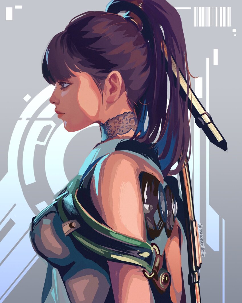 1girl black_hair blunt_bangs bodysuit breasts brown_eyes choker commentary english_commentary eve_(stellar_blade) from_side green_bodysuit hair_ornament highres impossible_bodysuit impossible_clothes large_breasts long_hair looking_ahead moonmistix multicolored_bodysuit planet_diving_suit_(7th)_(stellar_blade) ponytail profile silver_bodysuit simple_background skin_tight solo stellar_blade twitter_username two-tone_bodysuit upper_body