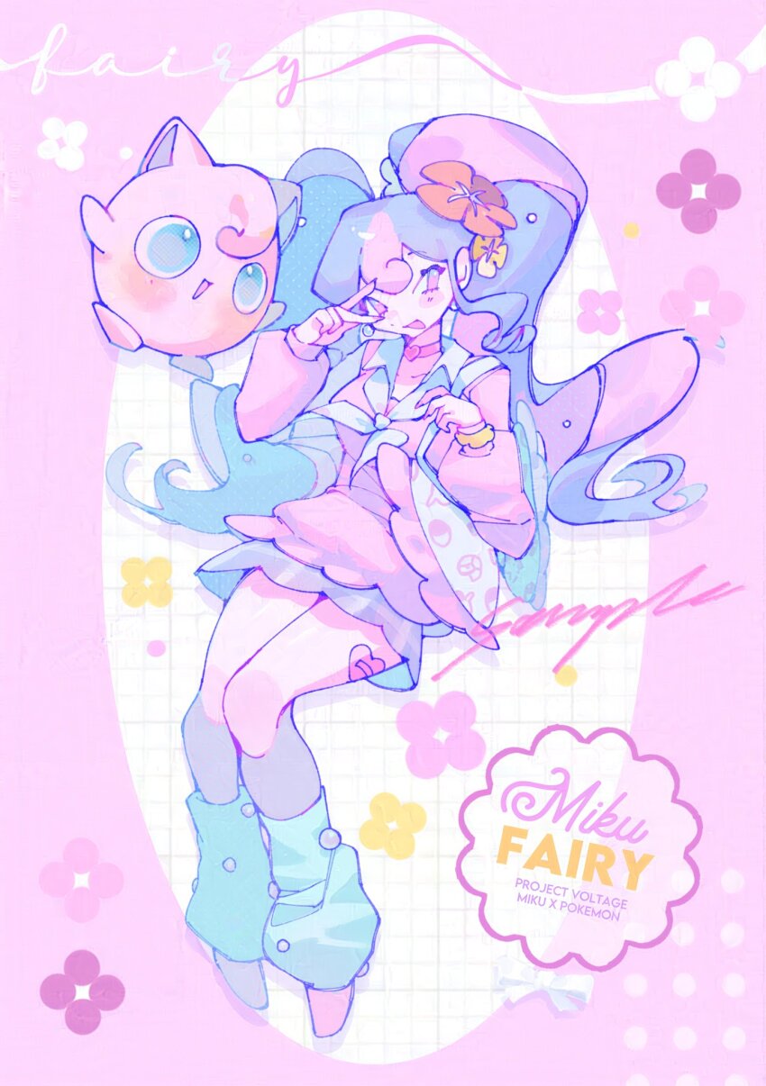 1girl bag bandaid_on_thigh beads blue_hair blue_leg_warmers blush_stickers character_name choker collar collarbone collared_dress copyright_name dress eyelashes fairy_miku_(project_voltage) floral_background flower frilled_bag frilled_dress frills full_body gen_1_pokemon hair_flower hair_ornament hashtag-only_commentary hatsune_miku heart heart-shaped_bag heart_choker hibiscus highres holding holding_bag jigglypuff knees leg_warmers long_hair long_sleeves looking_at_viewer multicolored_hair myun_(myun_art) neckerchief nintendo open_mouth pink_background pink_choker pink_dress pink_eyes pink_hair pink_shoes pink_sleeves pokemon pokemon_(creature) project_voltage puffy_long_sleeves puffy_sleeves red_flower sailor_dress sample_watermark scrunchie shoes shoulder_bag simple_background smile streaked_hair twintails v vocaloid watermark white_bag white_collar white_neckerchief wrist_scrunchie yellow_flower yellow_scrunchie