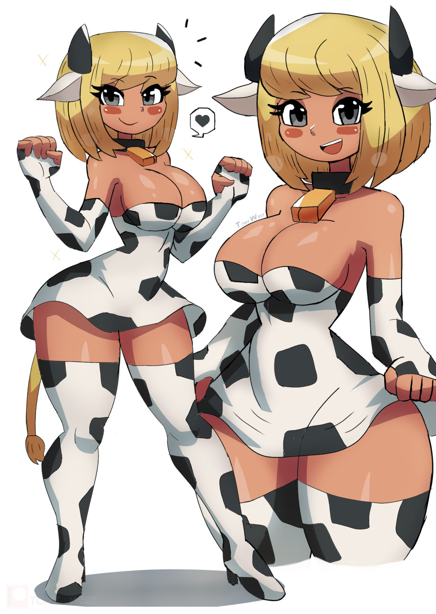 1girl absurdres animal_ears animal_print bell blonde_hair blush boots breasts cleavage clothes_lift collar collarbone cow_ears cow_girl cow_horns cow_print cow_tail cowbell dark_skin dress dress_lift fingerless_gloves gloves grey_eyes heart high_heels highres horns large_breasts looking_at_viewer miu_(tony_welt) multiple_views neck_bell open_mouth original print_boots print_dress print_gloves short_hair smile sparkle speech_bubble spoken_heart standing strapless strapless_dress tail teeth thick_thighs thigh_boots thighs tony_welt white_background white_boots white_dress white_gloves wide_hips