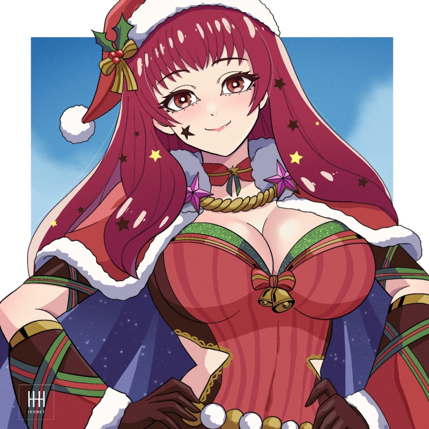 1girl blue_cape bodysuit breasts cape christmas cleavage facial_mark fire_emblem fire_emblem_engage fire_emblem_heroes hair_ornament hat highres ihsnet large_breasts multicolored_cape nintendo official_alternate_costume red_bodysuit red_cape santa_hat solo star_(symbol) star_facial_mark star_hair_ornament star_print yunaka_(fire_emblem) yunaka_(spirited_envoy)_(fire_emblem)