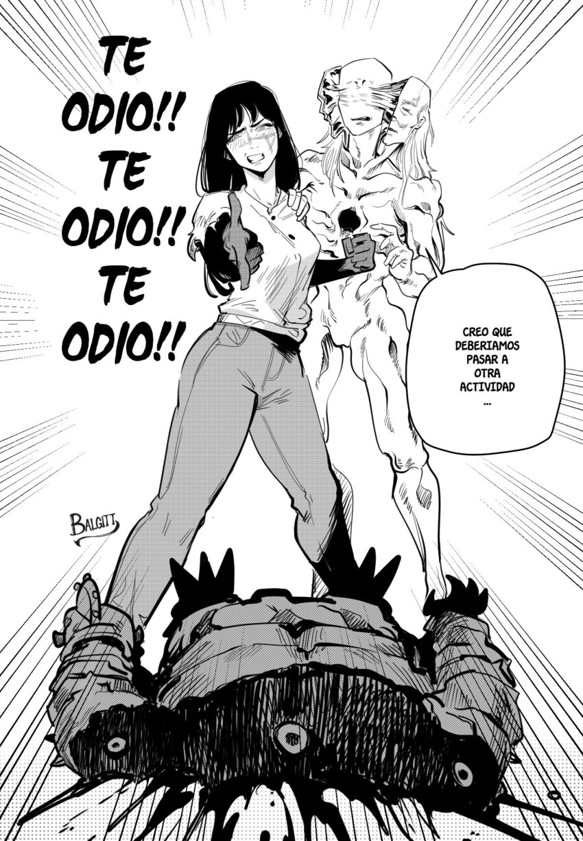 1boy 2girls aging_devil_(chainsaw_man) artist_name black_hair breasts chainsaw chainsaw_devil chainsaw_man character_doll greyscale hair_between_eyes hand_puppet hetero highres large_breasts long_hair monochrome multiple_girls open_mouth puppet ringed_eyes scar severed_torso shirt signature simple_background spanish_text therapy twitter_username victorbalgitt yoru_(chainsaw_man)