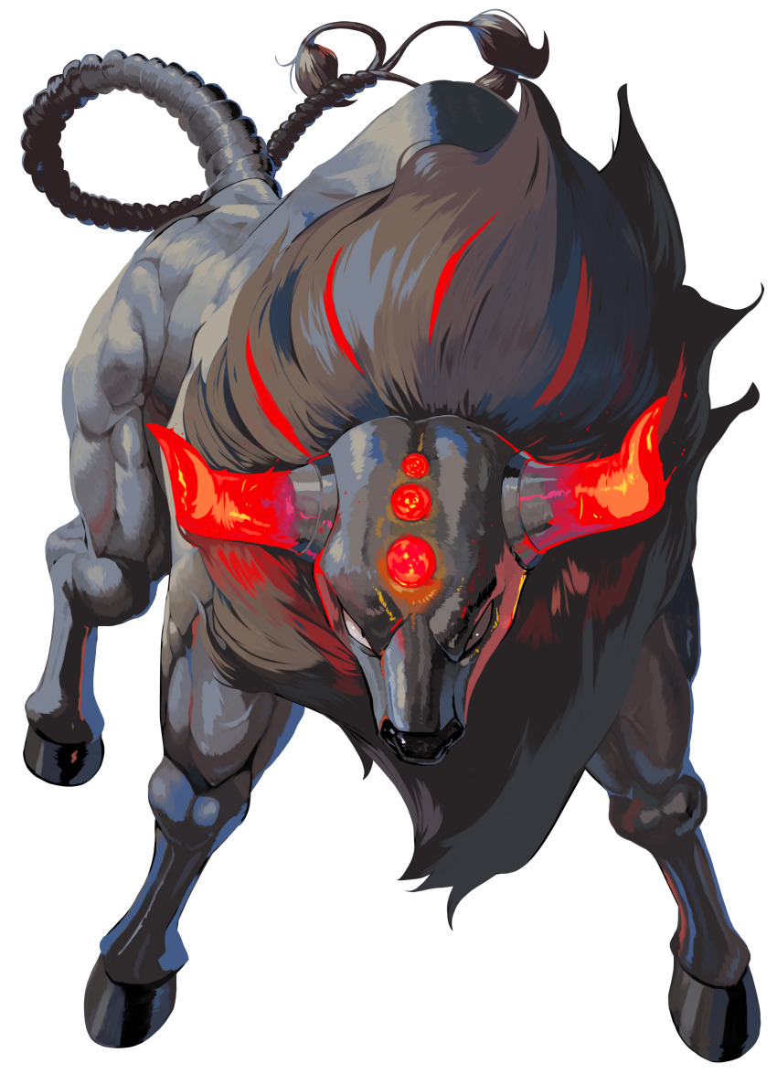 absurdres bull creatures_(company) game_freak glowing_horns highres hooves horns nintendo no_humans paldean_tauros paldean_tauros_(blaze_breed) pokemon pokemon_(creature) simple_background white_background yunimaru