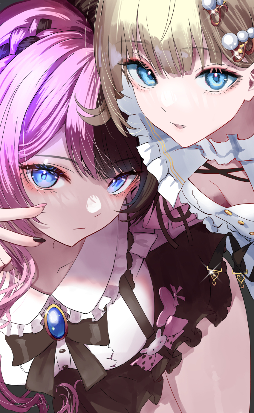 2girls black_bow black_bowtie black_hair black_nails black_skirt blouse blue_eyes bow bowtie braid breasts brown_hair cleavage collar downblouse dress eyeshadow french_braid frilled_collar frilled_dress frilled_skirt frills hair_ornament hairclip hanabusa_lisa hanabusa_lisa_(1st_costume) highres large_breasts looking_at_viewer makeup medium_breasts multicolored_hair multicolored_nails multiple_girls parted_lips pink_hair pink_nails red_eyeshadow shirt skirt split-color_hair suspender_skirt suspenders swept_bangs tachibana_hinano_(1st_costume) tachibana_hinano two-tone_hair virtual_youtuber vspo! white_collar white_dress white_shirt yusuke_(shiota)