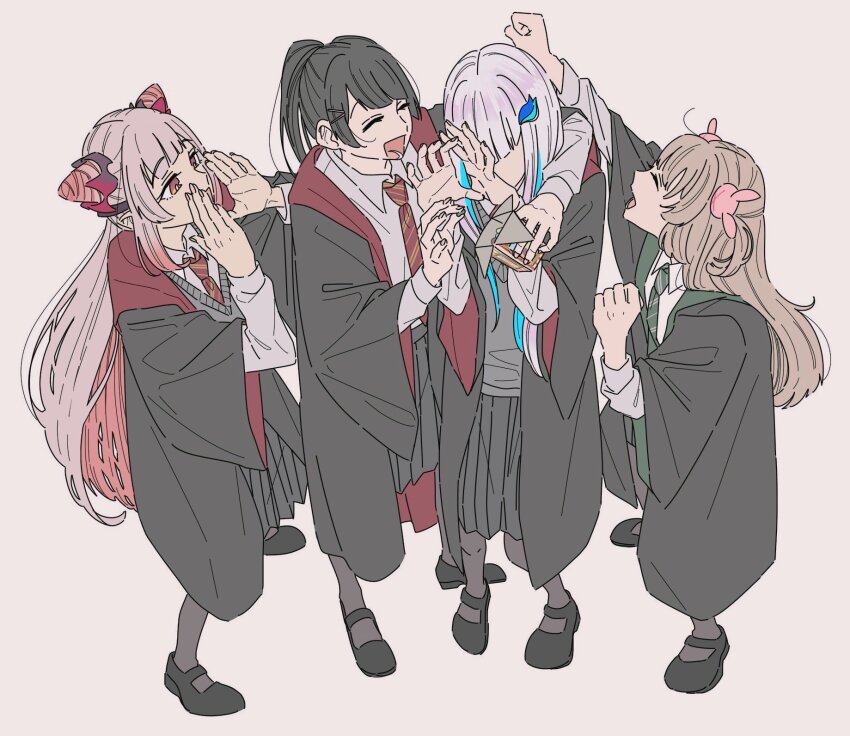 4girls :d black_hair black_skirt blue_hair blunt_bangs brown_hair cardigan cloak closed_eyes commentary_request cone_hair_bun cosplay covering_face double_bun dress_shirt full_body grey_hair grey_sweater gryffindor hair_bun hair_ornament hairclip hands_up highres hogwarts_school_uniform holding honey_strap hood hooded_cloak kamatama_rom laughing lize_helesta long_hair long_sleeves looking_at_another multicolored_hair multiple_girls nanashi_inc. natori_sana nijisanji open_mouth pink_hair rabbit_hair_ornament red_eyes sana_channel school_uniform shirt shoes simple_background skirt smile standing suou_patra sweater tsukino_mito two_side_up virtual_youtuber white_hair