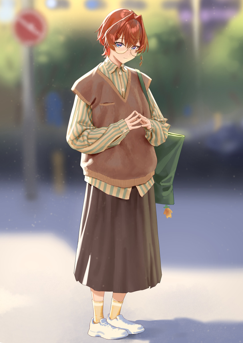 1girl absurdres alternate_costume ange_katrina bag blue_eyes blurry blurry_background breast_pocket brown_skirt brown_vest character_charm charm_(object) closed_mouth collared_shirt commentary_request day full_body glasses green_bag green_shirt hair_between_eyes hair_intakes hair_ornament hairpin highres leo_liao323 light_particles looking_at_viewer mandragora_(ange_katrina) medium_skirt multiple_hairpins nijisanji outdoors own_hands_together pocket red_hair semi-rimless_eyewear shadow shirt shoes short_hair shoulder_bag skirt sleeves_past_wrists socks solo steepled_fingers striped_clothes striped_shirt sweater_vest two-tone_shirt vertical-striped_clothes vertical-striped_shirt vest virtual_youtuber white_shoes yellow-framed_eyewear yellow_shirt yellow_socks