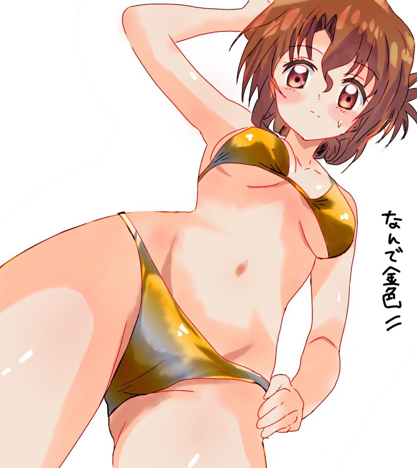 1girl arm_up armpits bikini blush breasts brown_hair cameltoe cleavage collarbone commentary_request cowboy_shot folded_ponytail from_below gold_bikini groin hair_between_eyes hand_on_own_hip hayate_no_gotoku! highres looking_at_viewer maria_(hayate_no_gotoku!) medium_breasts navel red_eyes sinri_neko solo stomach swimsuit thighs translation_request underboob wavy_hair