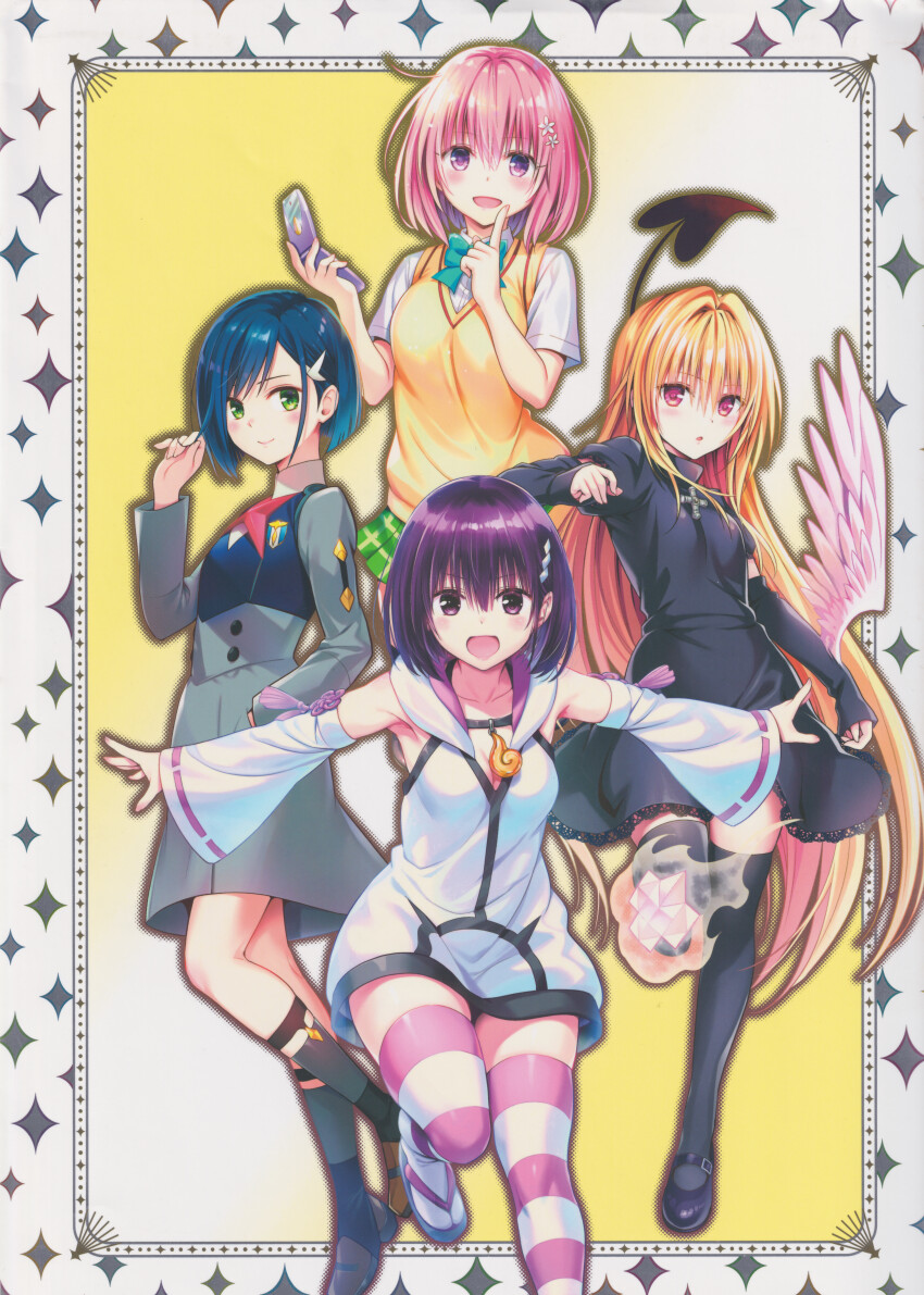4girls :d absurdres ahoge ayakashi_triangle bird_wings black_cat_(series) black_dress blonde_hair blue_hair bob_cut bow bowtie cover creator_connection cross darling_in_the_franxx demon_tail detached_sleeves dress dress_shirt dress_shoes eve_(black_cat) flower_hairpin full_body gradient_background green_eyes hair_ornament hairpin hand_in_pocket hands_up highres holding holding_phone hood hoodie ichigo_(darling_in_the_franxx) incredibly_absurdres index_finger_raised kanade_suzu kneehighs leg_up long_hair mary_janes momo_velia_deviluke multiple_girls official_art okobo open_mouth origami parasite_dress_uniform_(darling_in_the_franxx) parted_lips phone pink_eyes pink_hair plaid_clothes plaid_skirt platform_sandals playing_with_own_hair purple_eyes purple_hair red_eyes sandals scan shikigami shirt shoes skirt sleeveless sleeveless_hoodie smile socks standing standing_on_one_leg star_(symbol) star_symbol_background sweater_vest tail thighhighs third-party_source to_love-ru to_love-ru_darkness very_long_hair wide_hips wings yabuki_kentarou