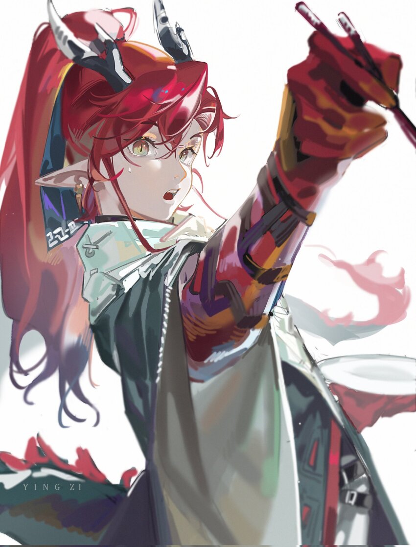 1boy :o animal_ears arknights artist_name black_shirt chopsticks cloak colored_skin commentary corrupted_twitter_file dragon_boy dragon_horns dragon_tail gloves highres holding holding_chopsticks horns looking_at_viewer male_focus pointy_ears ponytail red_hair red_skin shirt simple_background slit_pupils solo tail teeth upper_body upper_teeth_only white_background white_cloak white_gloves yellow_eyes yingzi yu_(arknights)