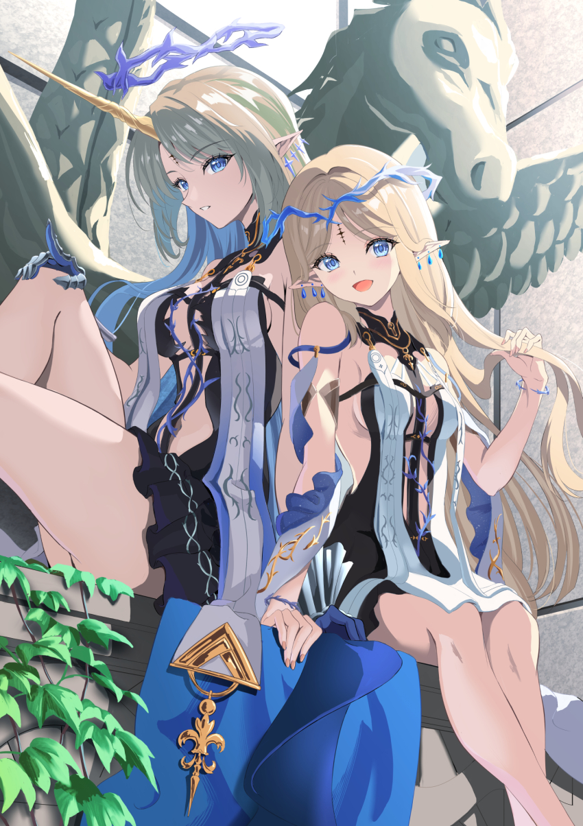 2girls black_collar black_dress blonde_hair blue_eyes blue_hair breasts cartethyia_(wuthering_waves) collar colored_inner_hair commentary_request dress dual_persona earrings fleurdelys_(wuthering_waves) highres horns imperator_(wuthering_waves) jewelry kagura_hiromu large_breasts long_hair looking_at_viewer medium_breasts multicolored_hair multiple_girls necklace open_mouth parted_lips pointy_ears sidelocks single_horn sitting smile tabard very_long_hair white_tabard wuthering_waves