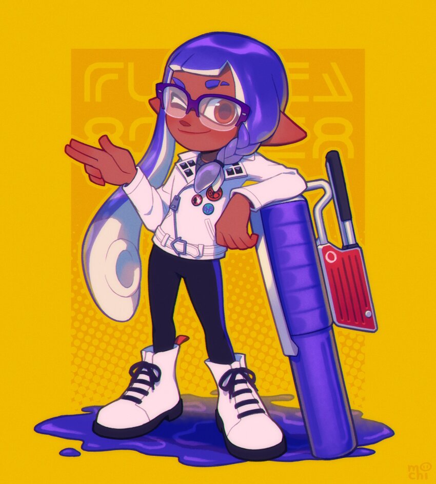 1boy absurdres black_leggings blue-framed_eyewear blue_hair braid brown_eyes closed_mouth commentary cross-laced_footwear dark-skinned_male dark_skin english_commentary eyebrow_cut flingza_roller_(splatoon) full_body glasses highres inkling inkling_boy inkling_player_character inkumochi jacket leggings long_hair male_focus nintendo one_eye_closed pointy_ears salute shoes side_braid single_braid smile solo splatoon_(series) splatoon_3 sticker tentacle_hair two-finger_salute white_jacket white_shoes yellow_background