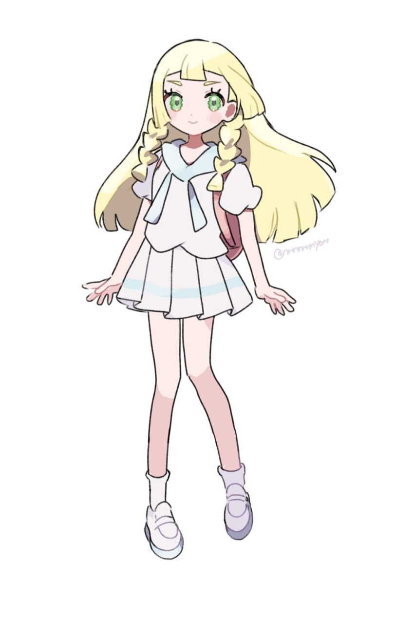 1girl backpack bag blonde_hair closed_mouth eneko_(olavcnkrpucl16a) eyelashes full_body green_eyes happy highres lillie_(pokemon) long_hair looking_at_viewer nintendo pink_bag pleated_skirt pokemon pokemon_sm shirt shoes short_sleeves simple_background skirt smile socks solo twitter_username white_background white_shirt white_shoes white_skirt white_socks