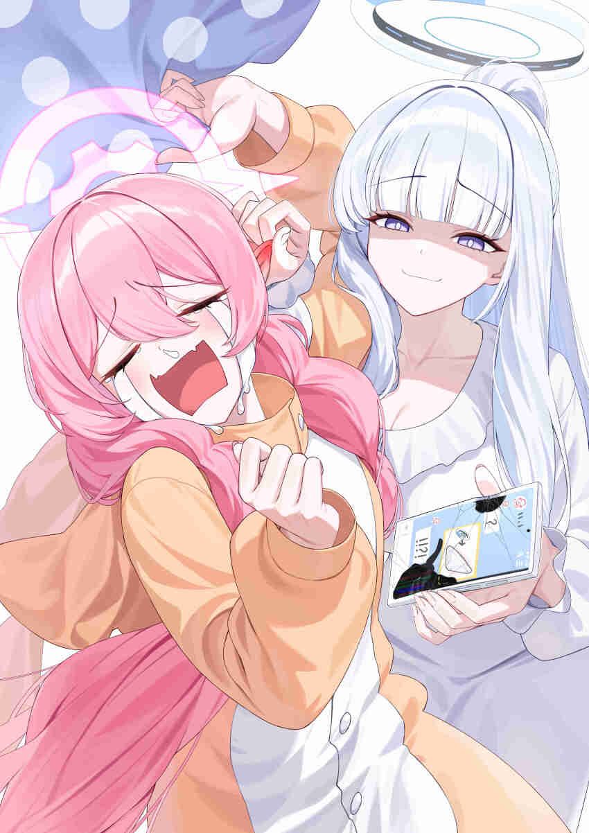 2girls absurdres animal_costume blue_archive breasts broken_screen cellphone cleavage closed_eyes closed_mouth collarbone commentary_request cosplay crack cracked_glass cracked_phone cracked_screen dress halo highres holding holding_phone hood hooded_pajamas kigurumi koyuki_(blue_archive) koyuki_(pajamas)_(blue_archive) large_breasts multiple_girls noa_(blue_archive) noa_(pajamas)_(blue_archive) official_alternate_costume official_alternate_hairstyle pajamas partially_shaded_face phone pink_hair pink_halo purple_eyes rabbit_costume rabbit_pajamas sgholln smartphone white_dress white_hair white_halo white_pajamas yellow_pajamas