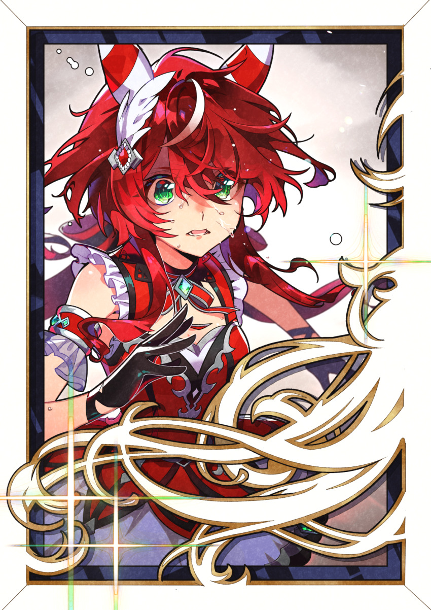 2girls animal_ears breasts dress ear_covers feather_hair_ornament feathers green_eyes hair_between_eyes hair_ornament highres horse_ears horse_girl kafuki_fuka long_hair looking_at_another multicolored_hair multiple_girls orfevre_(umamusume) red_dress red_hair running sleeveless sleeveless_dress small_breasts solo_focus streaked_hair sweat sweatdrop umamusume white_hair win_variation_(umamusume)