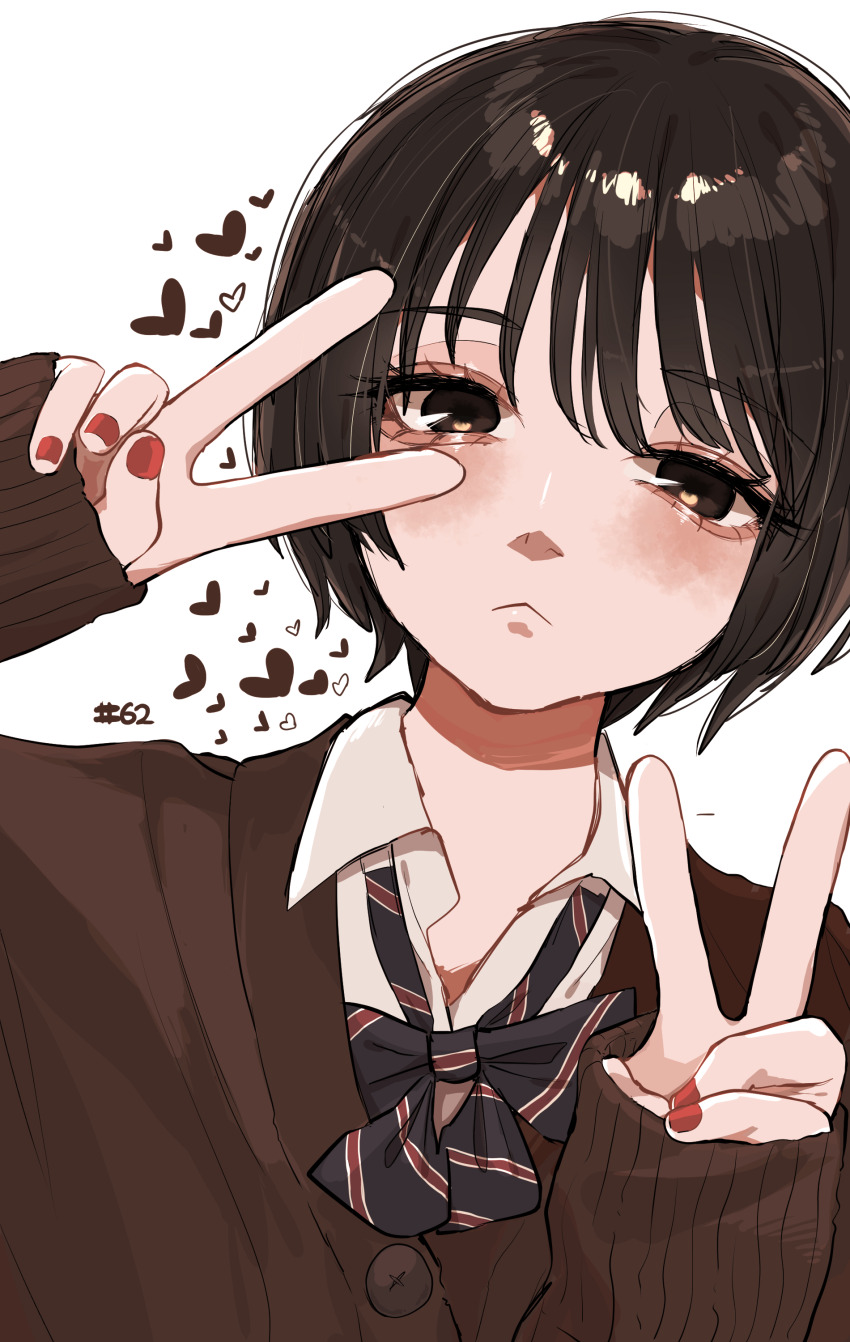 1girl :&lt; absurdres aegyo_sal black_bow black_bowtie black_eyes black_hair blush bow bowtie brown_shirt double_v frown heart highres koucha_(pankeki_koucha) looking_at_viewer original red_nails shirt short_hair sleeves_past_wrists tomboy upper_body v white_background