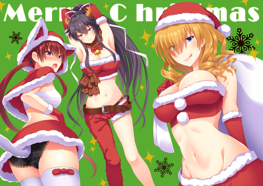 &gt;:o 3girls :o :q absurdres adapted_costume alternate_costume animal_ears arm_behind_back armpits arms_behind_head arms_up ass asymmetrical_clothes asymmetrical_legwear asymmetrical_pants bad_id bad_pixiv_id bandages bare_legs bell belt black_hair black_panties blonde_hair blue_eyes blush bow bowtie breasts brown_belt brown_hair capelet cat_ears cat_tail christmas cleavage commentary commentary_request detached_collar drill_hair dutch_angle elbow_gloves english_text eyes_visible_through_hair female_focus fur-trimmed_capelet fur-trimmed_gloves fur-trimmed_headwear fur-trimmed_skirt fur-trimmed_tube_top fur_trim gloves green_background hair_between_eyes hair_over_one_eye hair_ribbon hand_on_own_hip hat head_tilt highres holding holding_sack kanzaki_kaori large_breasts legs long_hair looking_at_viewer looking_back low_twintails medium_breasts merry_christmas midriff multiple_girls musujime_awaki naughty_face navel open_mouth oriana_thomason panties pants parted_lips ponytail purple_eyes red_bow red_capelet red_gloves red_headwear red_neckwear red_pants red_skirt red_tube_top revealing_clothes ribbon sack santa_costume santa_gloves santa_hat sarashi sayaka_otaku short_hair sidelocks single_pantsleg skirt snowflakes snowflakes_background sparkle_background standing strapless tail thighhighs toaru_kagaku_no_railgun toaru_majutsu_no_index tongue tongue_out tube_top twintails underwear uneven_legwear upper_body v-shaped_eyebrows very_long_hair white_legwear white_ribbon