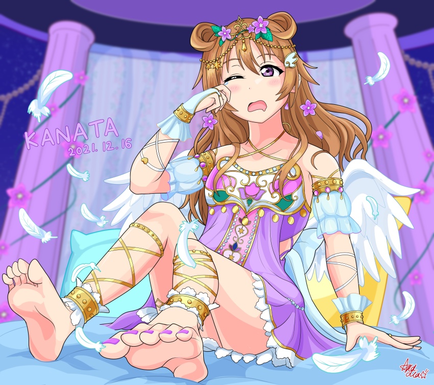 1girl absurdres angel&#039;s_lullaby_(love_live!) angel_wings arm_garter artist_name artist_request bare_legs bare_shoulders barefoot bed blue_sky blush bow bracelet breasts brown_hair cloud cloud_hair_ornament collarbone criss-cross_halter double_bun dress feathers feet female_focus flower full_body hair_between_eyes hair_bun hair_flower hair_ornament hair_rings halterneck highres jewelry konoe_kanata leaf_hair_ornament long_hair looking_at_viewer love_live! love_live!_nijigasaki_high_school_idol_club love_live!_school_idol_festival love_live!_school_idol_festival_all_stars miniskirt nail_polish night night_sky on_bed one_eye_closed outdoors parted_lips plaid_clothes plaid_dress plaid_skirt pleated pleated_dress pleated_skirt purple_bow purple_dress purple_eyes purple_skirt ribbon-trimmed_legwear ribbon_trim sitting skirt sky small_breasts smile solo star_(sky) tiara tired toenail_polish toenails white_feathers white_wings wing_hair_ornament wings