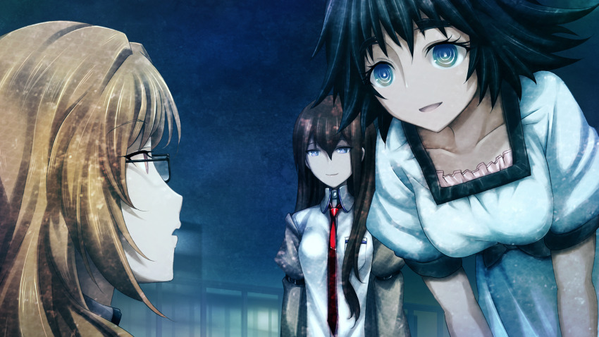 aqua_eyes arm_belt black_bow black_hair black_sash black_trim blonde_hair blue_dress blue_eyes bow breast_pocket breasts brown_hair brown_jacket chest_bow collar collarbone collared_shirt dress frilled_collar frills game_cg glasses hair_between_eyes hair_over_shoulder happy high_collar highres huke jacket jacket_partially_removed jitome kiryuu_moeka leaning_forward long_hair looking_at_another makise_kurisu medium_breasts medium_hair necktie night night_sky non-web_source official_art on_rooftop open_mouth outdoors pink_eyes pink_frills pocket puffy_short_sleeves puffy_sleeves purple_eyes purple_trim red_necktie ringed_eyes rooftop sash shiina_mayuri shiny_lips shirt short_sleeves shorts shorts_under_dress shorts_under_skirt sky small_breasts smile square_pupils steins;gate steins;gate:_linear_bounded_phenogram surprised tareme tongue waist_sash white_shirt