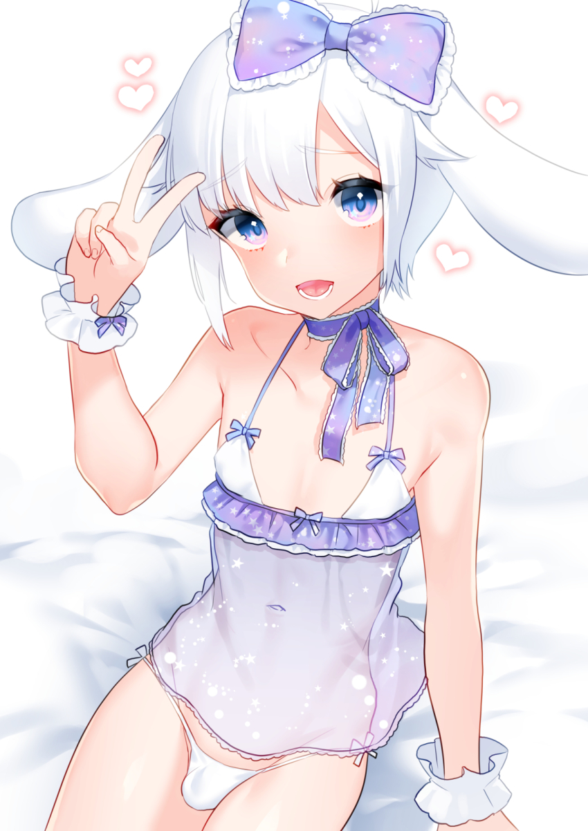 1boy akagi_kurage animal_ears arm_at_side arm_support arm_up babydoll bare_arms blush bow bulge choker cinnamoroll collarbone crossdressing crossdressing_(mtf) dog_ears frilled_babydoll frilled_bow frilled_choker frilled_ribbon frilled_wristband frills fuwa_fuwa_cinnamoroll hair_bow heart highres leaning_to_the_side legs_together lingerie looking_at_viewer lower_teeth_only male_focus micro_panties navel on_bed open_mouth panties parted_bangs personification purple_babydoll purple_bow purple_choker purple_eyes purple_ribbon raised_inner_eyebrows ribbon ribbon_choker sanrio see-through_babydoll see-through_clothes short_hair side-tie_panties sidelocks sitting solo string_panties teeth thighs trap underwear v white_hair white_panties