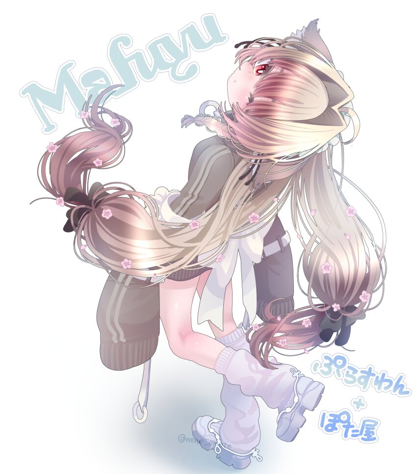 1girl absurdres ahoge animal_ears apron black_bow black_ribbon blush bow braid brown_hair cat_ears character_name closed_mouth collar double_vertical_stripe flower from_behind full_body gradient_hair hair_bow hair_flower hair_intakes hair_ornament hair_ribbon head_tilt highres jacket leg_warmers long_hair long_sleeves looking_at_viewer looking_back loose_socks low-tied_long_hair low_twintails mafuyu_(vrchat) maid maid_headdress multicolored_hair multiple_hair_bows nene_omote one_eye_closed pink_flower red_eyes ribbon shoes simple_background sleeves_past_fingers sleeves_past_wrists socks solo standing standing_on_one_leg sweater track_jacket transparent_background twin_braids twintails unconventional_maid very_long_hair very_long_sleeves vrchat white_apron white_background white_bow white_shoes white_socks