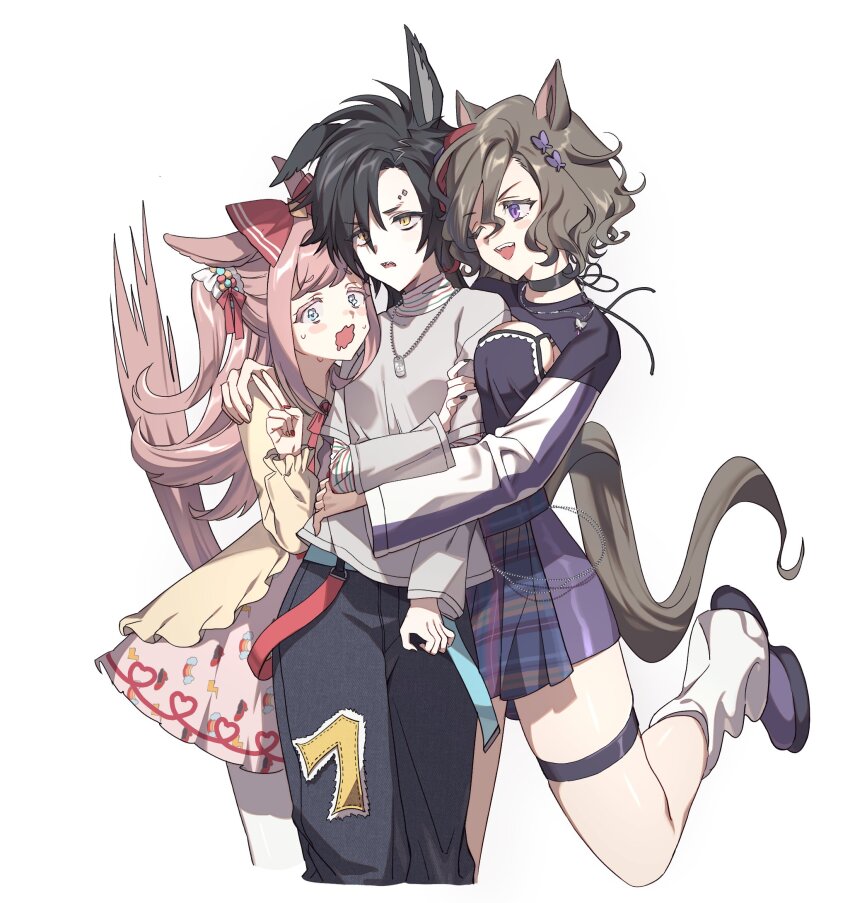 3girls agnes_digital_(umamusume) air_shakur_(umamusume) animal_ears black_hair black_pants blue_eyes bow breasts brown_hair brown_shirt butterfly_hair_ornament chain choker dog_tags eyebrow_piercing hair_bow hair_ornament highres horse_ears horse_girl horse_tail hug jacket long_hair looking_at_another looking_at_viewer multiple_girls nervous_sweating one_eye_closed open_mouth pants piercing pink_hair purple_eyes purple_skirt shirt shoes short_hair shrug_(clothing) simple_background skirt small_breasts socks standing standing_on_one_leg stiff_tail striped_clothes striped_shirt sweat tail tap_dance tap_dance_city_(umamusume) thigh_strap uma_ozisan umamusume v wavy_mouth white_background white_socks yellow_eyes yellow_jacket