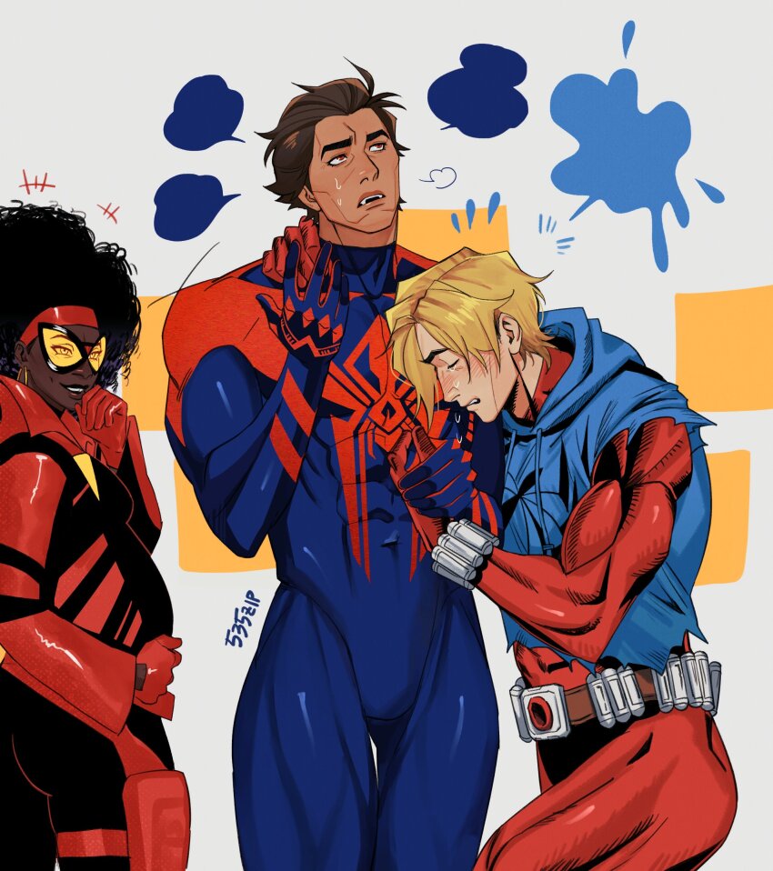 1girl absurdres animal_print ben_reilly black_hair blue_bodysuit bodysuit breasts broad_shoulders buksillee cheekbones dark-skinned_female dark-skinned_male dark_skin glowing_bodysuit hair_slicked_back highres hood hooded_bodysuit hoodie jessica_drew_(spider-man:_across_the_spider-verse) large_breasts large_pectorals long_hair makeup marvel miguel_o&#039;hara multicolored_bodysuit multiple_boys muscular muscular_male pectorals pregnant print_bodysuit red_bodysuit scarlet_spider smile spider-man:_across_the_spider-verse spider-man_(2099) spider-man_(series) spider-verse spider-woman spider_print spider_web_print superhero_costume torn_clothes torn_hoodie two-tone_bodysuit