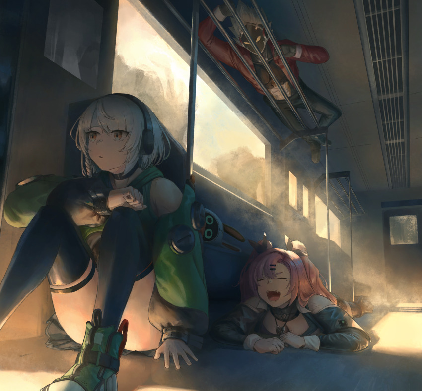 1boy 2girls absurdres anby_demara billy_kid breasts cleavage closed_eyes collar convenient_censoring denim fang gloves green_jacket headphones highres jacket jeans light_rays long_hair lying medium_breasts multiple_girls nicole_demara on_stomach open_mouth pants pink_hair shoes short_hair skirt thighhighs train_interior twckb twintails white_hair zenless_zone_zero zettai_ryouiki