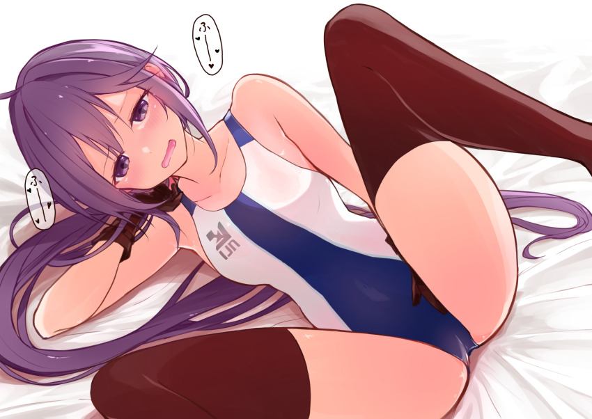 1girl akebono_(kancolle) akebono_kai_ni_(kancolle) alternate_costume black_gloves black_thighhighs blue_one-piece_swimsuit breasts competition_swimsuit gloves heart highres kantai_collection long_hair lying m_legs medium_breasts on_back one-piece_swimsuit purple_eyes purple_hair side_ponytail small_breasts solo speech_bubble spoken_heart spread_legs swimsuit thighhighs two-tone_one-piece_swimsuit very_long_hair white_one-piece_swimsuit yamamo778