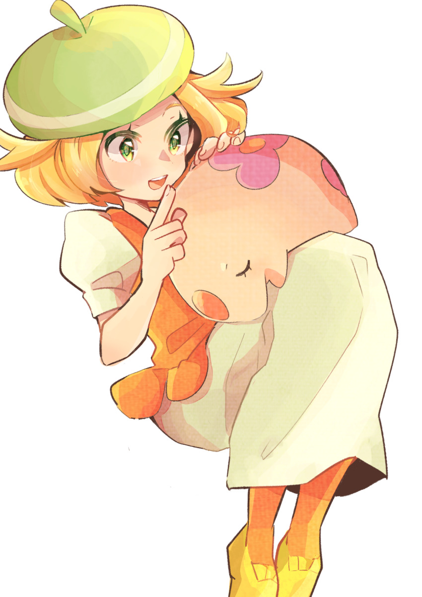 1girl :d beret bianca_(pokemon) blonde_hair commentary_request dress eyelashes flats gen_5_pokemon green_eyes green_headwear hands_up hat highres holding holding_pokemon misha_(ohds101) munna nintendo open_mouth orange_pantyhose orange_vest pantyhose pokemon pokemon_(creature) pokemon_bw shoes short_hair short_sleeves smile teeth tongue upper_teeth_only vest white_dress yellow_shoes