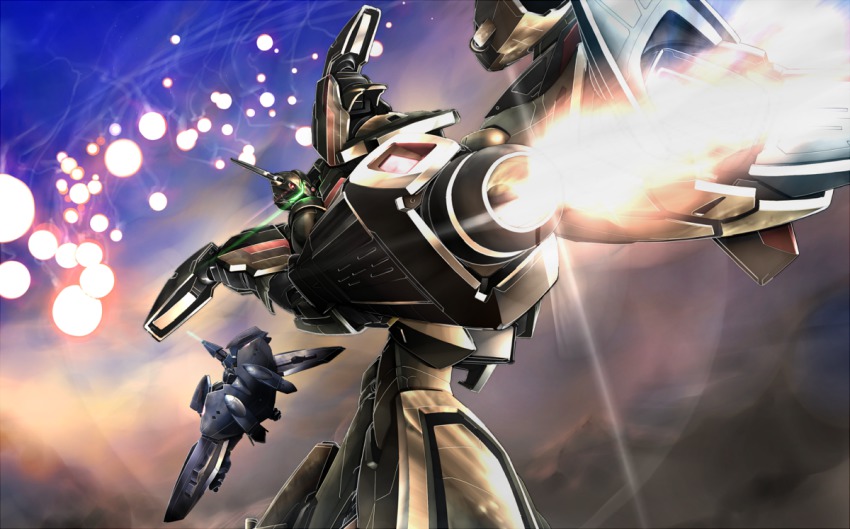 1990s_(style) battle cloud dutch_angle explosion firing flying gomi_kushige gunpod itano_circus lens_flare looking_at_viewer macross macross_plus mecha motion_blur realistic retro_artstyle robot science_fiction yf-19 yf-21