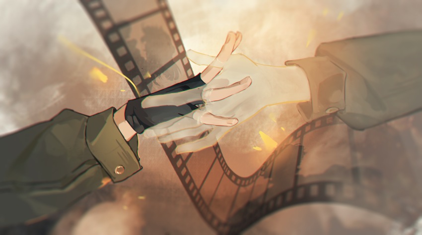 1boy 1girl absurdres an-an_lee black_gloves chao_ji_xuecai click_(reverse:1999) commission film_strip fingerless_gloves ghost gloves green_sleeves grey_background grey_sleeves hand_focus highres long_sleeves reaching reverse:1999 second-party_source see-through_body