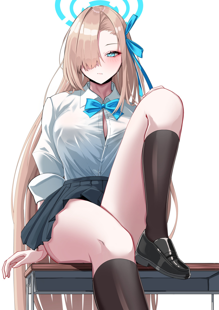 1girl absurdres asuna_(blue_archive) black_shoes black_skirt blonde_hair blue_archive blue_eyes blue_ribbon blush breasts button_gap choker collared_shirt desk dress_shirt hair_over_one_eye hair_ribbon halo highres kneehighs large_breasts loafers long_hair looking_at_viewer nigori_(keydoor) pleated_skirt ribbon school_desk shirt shoes skirt sleeves_rolled_up socks solo thighs very_long_hair white_shirt