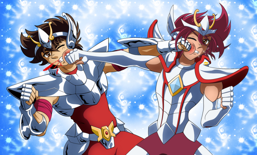 10s 2boys armband armor battle blood brown_eyes brown_hair bruise chest_plate crossover crystal damaged fighting gauntlets helmet hyoumaru injury male_focus multiple_boys pegasus_koga pegasus_seiya purple_hair saint_seiya saint_seiya_omega saliva star_(symbol) time_paradox