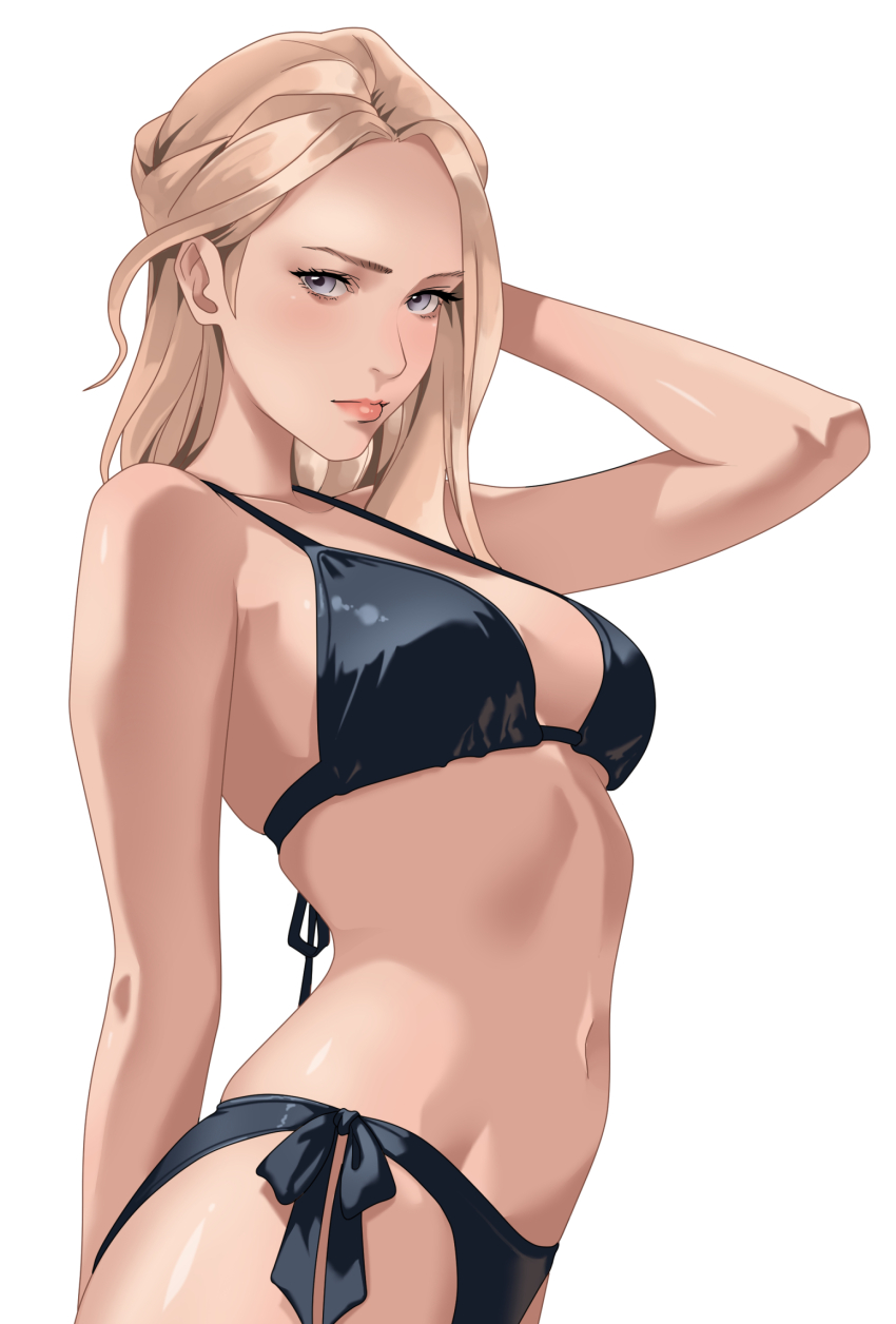 1girl bikini black_bikini blonde_hair breasts from_side grey_eyes highres indy_k long_hair looking_at_viewer medium_breasts navel original solo standing swimsuit white_background
