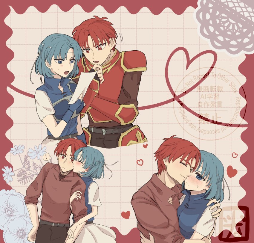 ! 1boy 1girl alen_(fire_emblem) arm_hug armor blue_eyes blue_gloves blue_hair blush breastplate closed_eyes closed_mouth couple fingerless_gloves fire_emblem fire_emblem:_the_binding_blade gloves heart hetero highres holding holding_paper hug kiss kissing_cheek multiple_views nintendo open_mouth paper red_eyes red_hair shirt short_hair spoken_exclamation_mark sweatdrop thea_(fire_emblem) tuna_marusuke