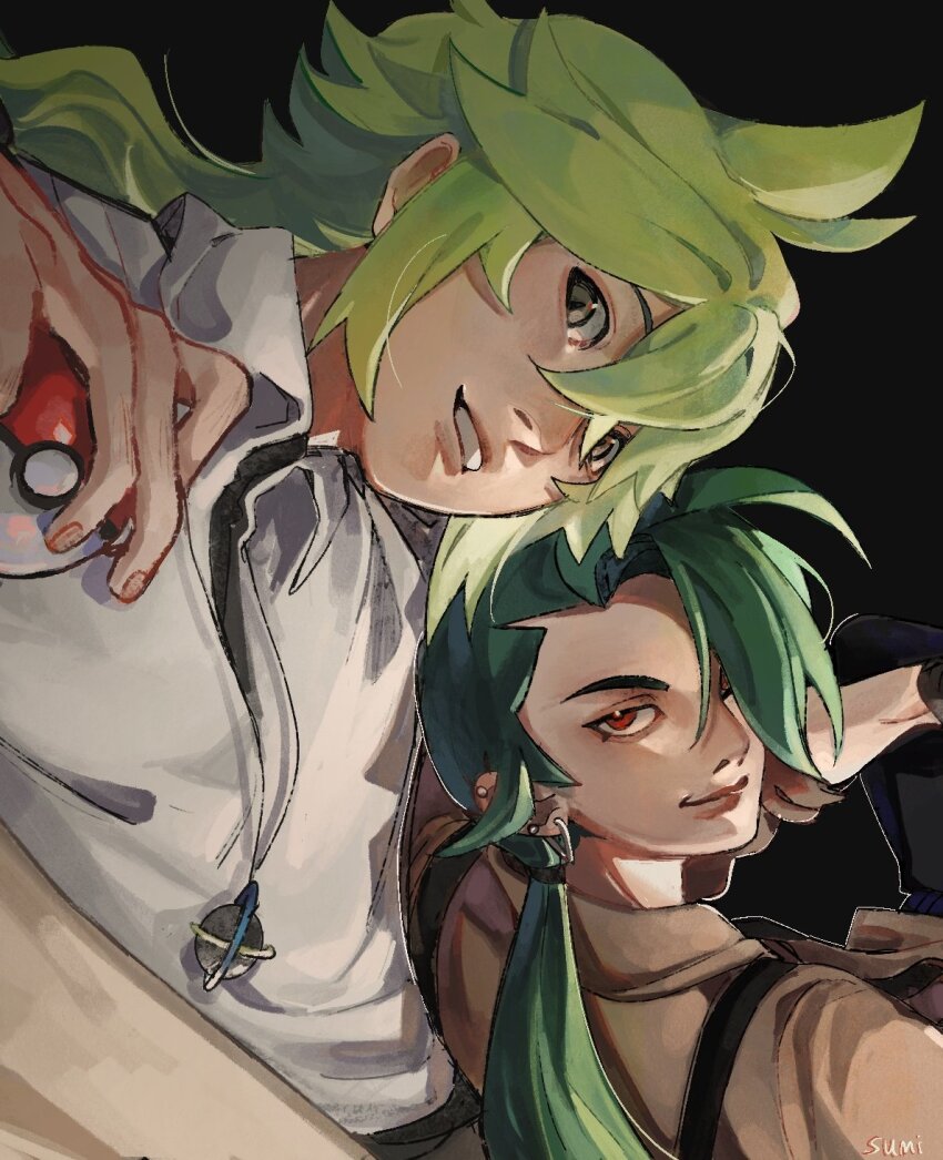 1boy 1girl ahoge closed_mouth collared_shirt commentary creatures_(company) earrings fingernails game_freak gloves green_hair grin highres holding holding_poke_ball jewelry long_hair mei_(manjunii) n_(pokemon) nintendo poke_ball poke_ball_(basic) pokemon pokemon_bw pokemon_sv ponytail red_eyes rika_(pokemon) shirt smile stud_earrings suspenders teeth white_shirt