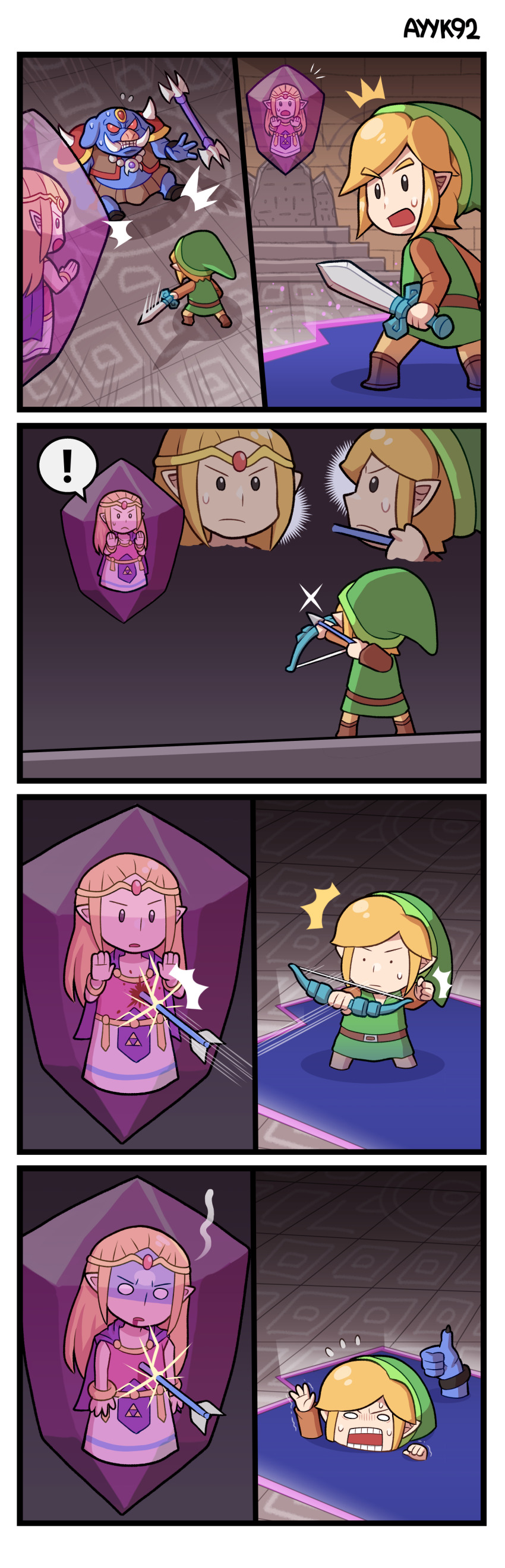 1girl 2boys absurdres arrow_(projectile) ayyk92 blonde_hair blood bow_(weapon) circlet death ganon green_tunic highres link meme multiple_boys nintendo polearm princess_zelda speech_bubble sword terminator_(series) terminator_2:_judgment_day the_legend_of_zelda the_legend_of_zelda:_echoes_of_wisdom thumbs_up trident tunic weapon