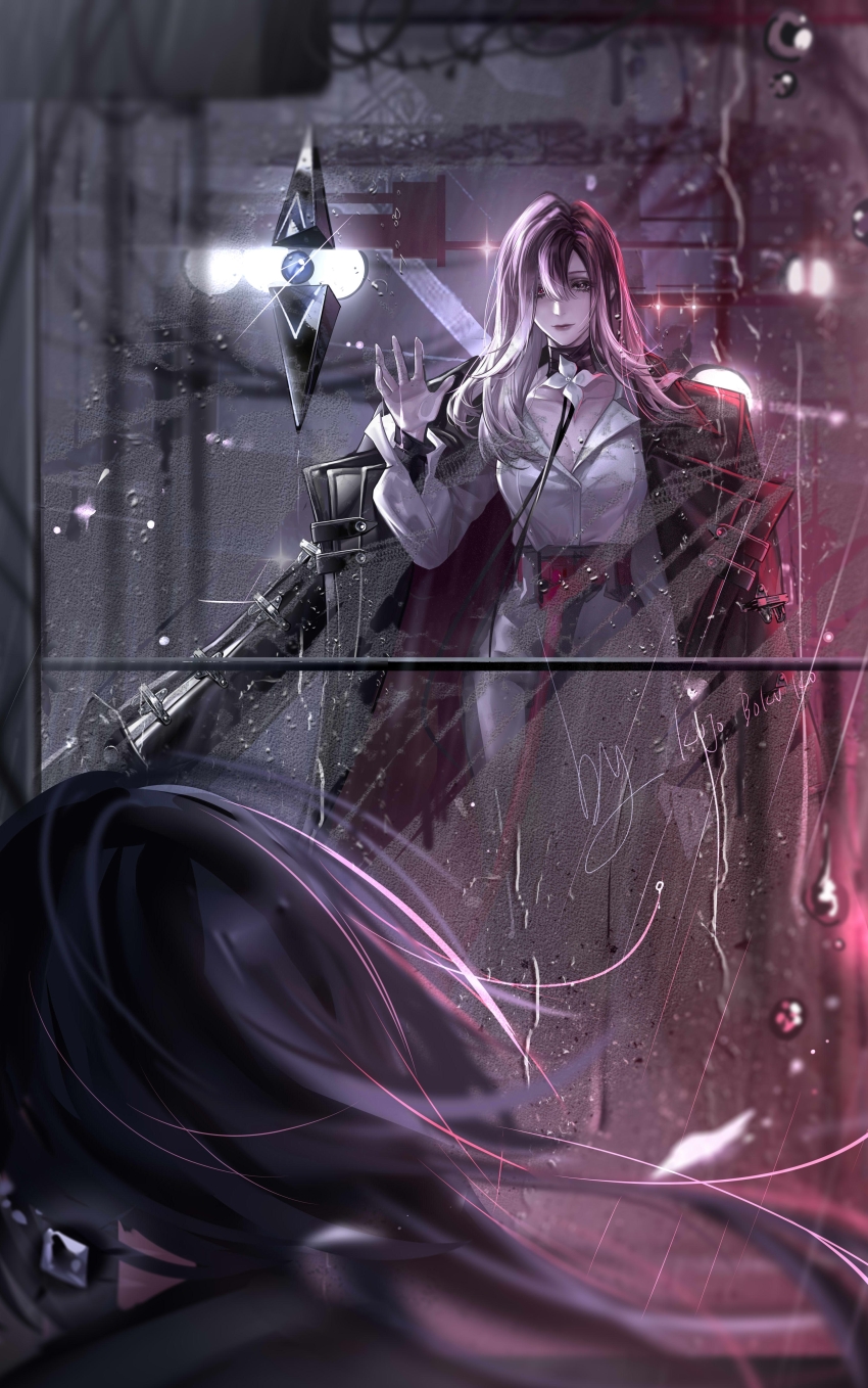 2girls absurdres against_glass belt black_coat black_hair black_ribbon blurry blurry_foreground breasts chief_(path_to_nowhere) cleavage coat coat_on_shoulders collarbone collared_shirt earrings female_chief_(path_to_nowhere) floating floating_earring floating_object flower from_inside glowing glowing_eye gradient_hair grey_skirt hair_between_eyes hand_on_glass hand_up high-waist_skirt highres hobble_skirt jewelry kong_tiao_bo_zi lens_flare light_smile lips long_hair looking_at_another medium_breasts multicolored_hair multiple_girls neck_flower neck_ribbon path_to_nowhere purple_eyes purple_hair rain red_belt ribbon scaffolding shalom_(path_to_nowhere) shirt signature skirt solo_focus traffic_light two-sided_fabric utility_pole water_drop white_flower white_hair white_shirt