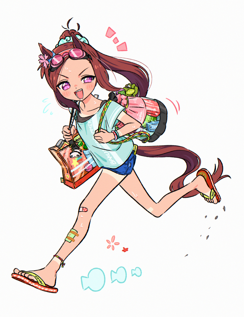 1girl :d absurdres animal_ears appleq bag blue_shirt blue_shorts brown_hair commentary_request flying_sweatdrops forehead full_body goggles goggles_on_head grey_background half-closed_eye highres horse_ears horse_girl horse_tail long_hair notice_lines open_mouth orange_sandals ponytail purple_eyes running sakura_bakushin_o_(umamusume) sandals shirt short_shorts short_sleeves shorts simple_background smile solo tail umamusume uneven_eyes v-shaped_eyebrows very_long_hair