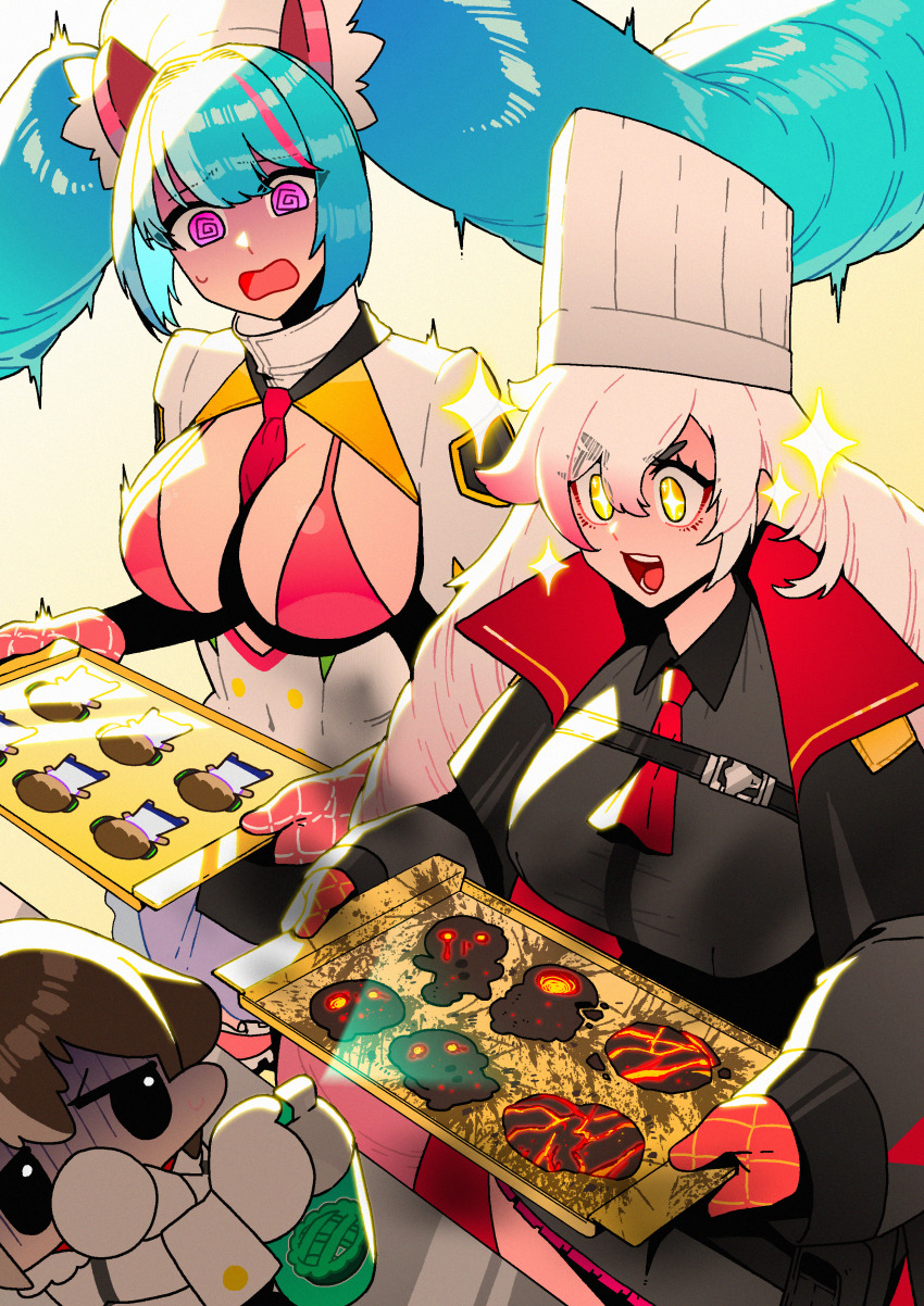 1boy 3girls @_@ absurdres animal_ears apron aurora_(last_origin) between_breasts blue_hair breasts brown_hair burnt_food chef chef_hat chest_strap chibi coat commander_(last_origin) cookie cross-shaped_pupils dc_(makezzal) dog_ears dog_girl food gradient_background gradient_hair hachiko_of_castling hat highres large_breasts last_origin long_hair multicolored_hair multiple_girls necktie necktie_between_breasts open_mouth oven_mitts overcoat partially_shaded_face pink_hair purple_eyes red_hair revealing_clothes rhode_(last_origin) ringlets spray_can sweatdrop symbol-shaped_pupils tray twintails two-tone_hair very_long_hair white_hair yellow_eyes