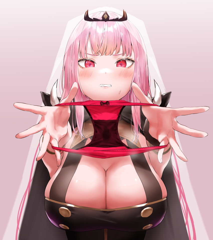 1girl absurdres black_cloak black_dress blush bow bow_panties breasts clenched_teeth cloak dress hands_up highres holding holding_panties holding_underwear holding_unworn_clothes hololive hololive_english kuroi_suna large_breasts long_hair looking_at_viewer mori_calliope mori_calliope_(1st_costume) outstretched_arms panties pink_hair presenting_removed_panties red_eyes red_panties revision simple_background sleeveless sleeveless_dress solo teeth tiara underwear unworn_panties upper_body veil virtual_youtuber