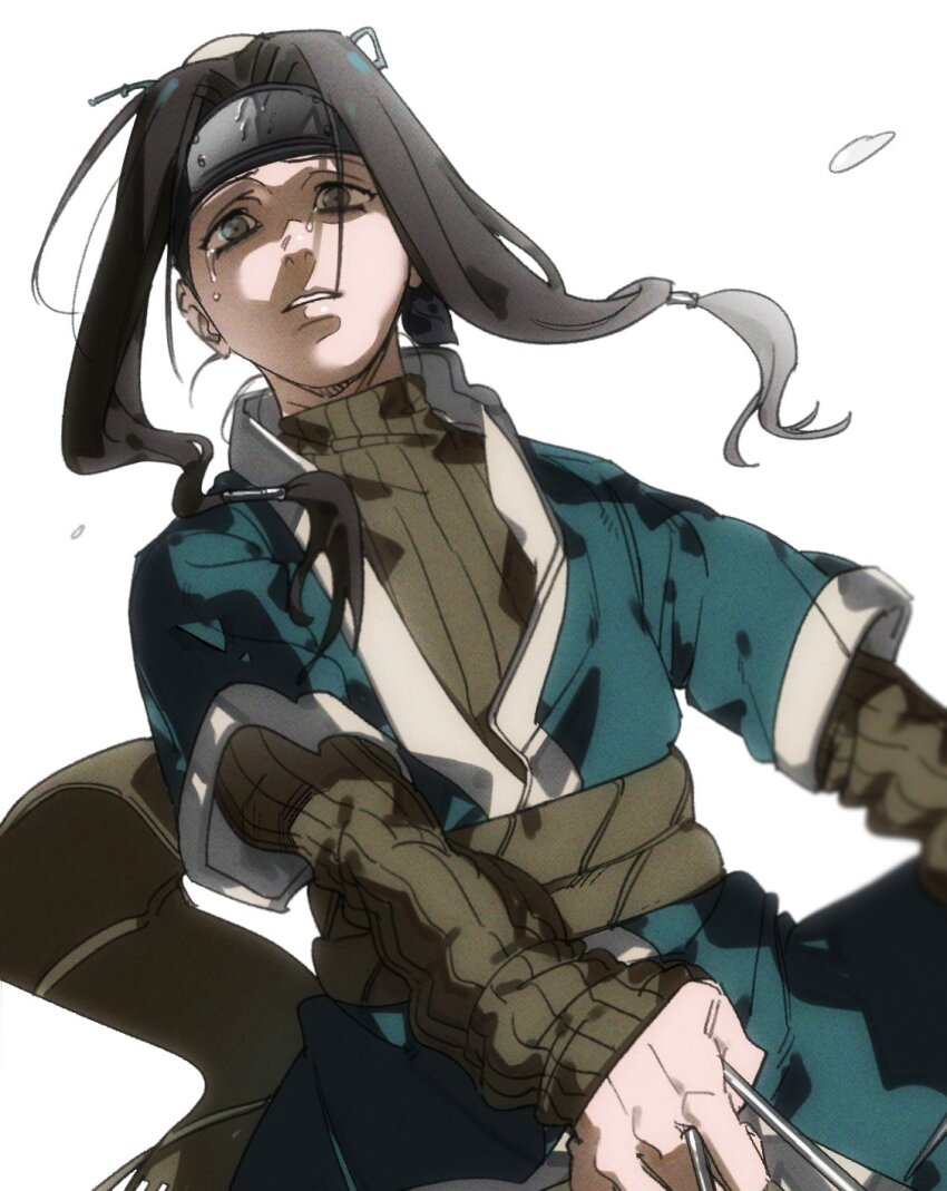1boy androgynous black_hair dong2taku forehead_protector haku_(naruto) highres japanese_clothes kirigakure_symbol long_hair male_focus naruto naruto_(series) needle simple_background throwing_needles white_background