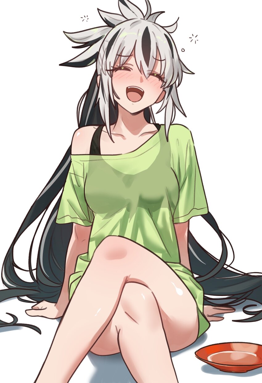 1girl absurdres alcohol black_hair blush breasts closed_eyes crossed_legs cup ebora fate/grand_order fate_(series) green_shirt highres long_hair medium_breasts multicolored_hair nagao_kagetora_(fate) open_mouth ponytail sakazuki sake shirt short_sleeves smile solo two-tone_hair uesugi_kenshin_(fate) very_long_hair white_hair