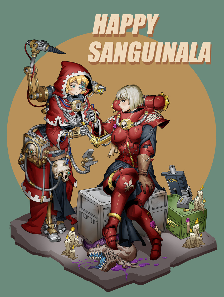 2girls adepta_sororitas adeptus_mechanicus ammunition_box armor artificial_eye blonde_hair blue_eyes bolter candle christmas decapitation drill fleur-de-lis gloves highres hood magazine_(weapon) multiple_girls power_armor prosthesis prosthetic_arm prosthetic_leg rmulderz robe sitting skirt skull tyranid warhammer_40k weapon