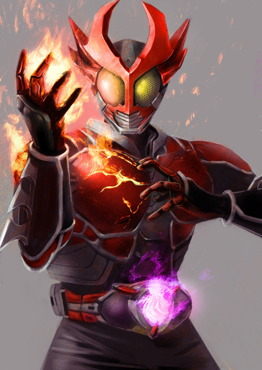 1boy altering_(agito) armor black_bodysuit bodysuit commentary_request compound_eyes rider_belt facing_viewer flaming_hand grey_background hand_up highres horns kamen_rider kamen_rider_agito kamen_rider_agito_(burning_form) kamen_rider_agito_(series) luke001 multiple_horns partial_commentary red_armor red_horns rider_belt simple_background solo spiked_gauntlets upper_body yellow_eyes