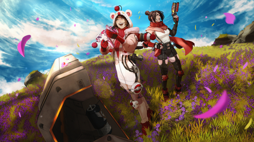 2girls 7th_heaven_skirmisher_wraith apex_legends b3_wingman black_gloves black_hair black_shorts black_thighhighs blue_eyes boots breasts cloud commentary cosplay english_commentary final_fantasy final_fantasy_vii final_fantasy_vii_rebirth final_fantasy_vii_remake fingerless_gloves gloves grass gun hair_bun handgun highres holding holding_gun holding_weapon ifragmentix knee_pads kupo_power_wattson looking_up medium_breasts moogle moogle_(cosplay) multiple_girls official_alternate_costume official_art open_mouth petals r-99_smg red_footwear revolver shirt short_hair shorts single_hair_bun sky sleeveless sleeveless_shirt smile submachine_gun suspenders thighhighs wattson_(apex_legends) weapon white_shirt wraith_(apex_legends)