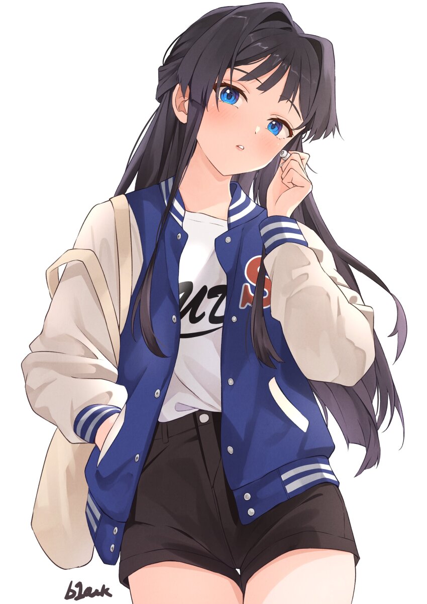 1girl absurdres airpods b1ack_illust bag black_hair black_shorts blue_eyes blue_jacket cowboy_shot dot_nose eyelashes hair_intakes hand_in_pocket highres idolmaster idolmaster_million_live! idolmaster_million_live!_theater_days jacket letterman_jacket light_blush lips long_hair long_sleeves looking_at_viewer mogami_shizuka open_mouth parted_lips print_shirt shirt shorts shoulder_bag sign single_earphone single_earphone_removed teeth text_print thighs very_long_hair white_background white_bag white_jacket white_shirt wireless_earphones wispy_bangs