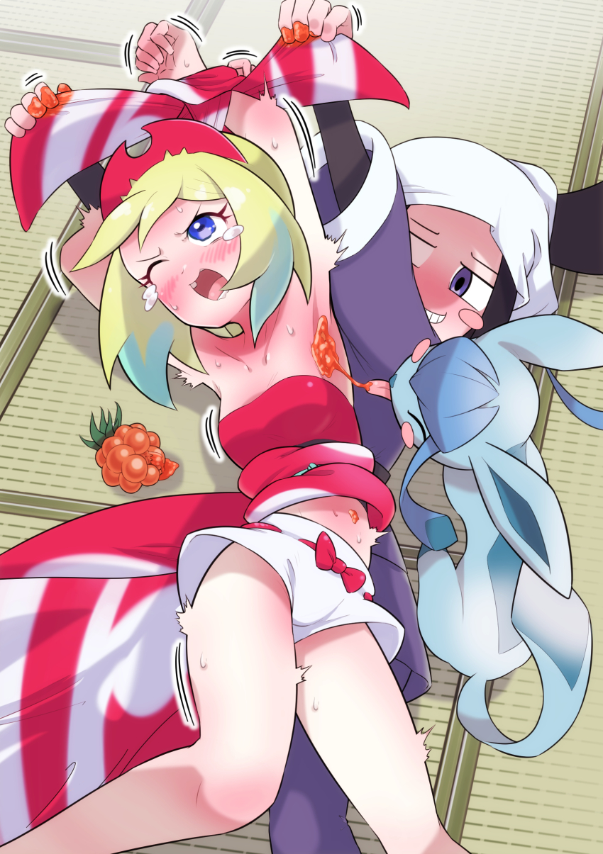 2girls absurdres akari_(pokemon) armpits arms_up berry_(pokemon) food_on_body fumirumochigashin gen_4_pokemon glaceon hairband highres irida_(pokemon) licking multiple_girls nintendo pokemon pokemon_(creature) pokemon_legends:_arceus razz_berry red_hairband restrained shirt shorts smile stomach strapless strapless_shirt sweat tears tickling tickling_armpits waist_cape white_shorts