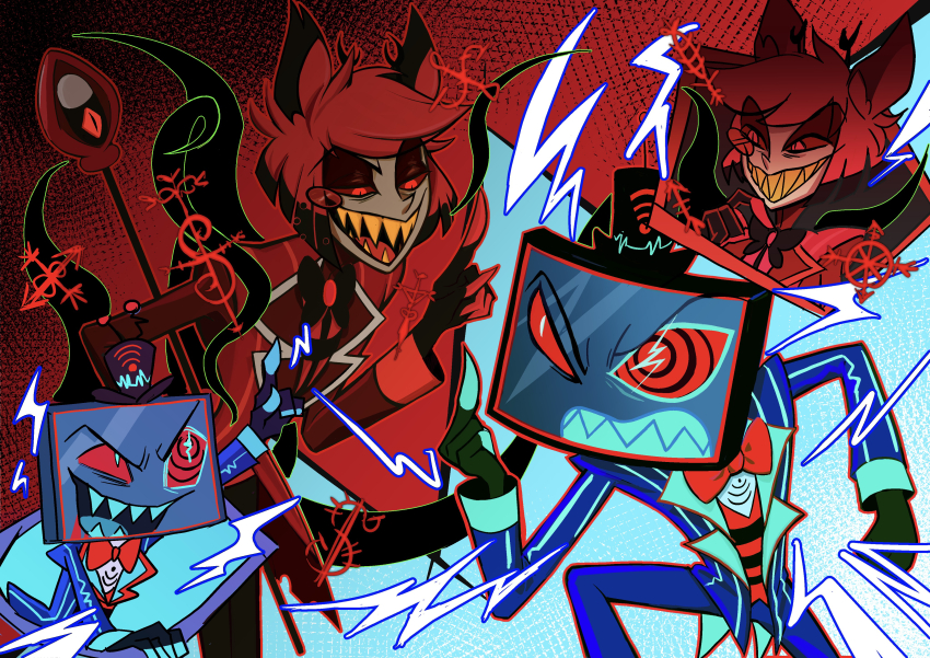 2boys absurdres alastor_(hazbin_hotel) animal_ears black_headwear blue_teeth bow bowtie circle_facial_mark coat colored_sclera colored_skin deer_boy deer_ears demon demon_boy dress formal_clothes gainen_chang gloves grin hat hazbin_hotel highres holding jacket male_focus microphone monocle multiple_boys open_mouth red_eyes red_hair red_sclera red_suit sharp_teeth short_hair signal_bar smile solid_eye striped_clothes striped_coat striped_vest suit teeth tentacles top_hat traditional_bowtie two-tone_hat vertical-striped_clothes vertical-striped_vest vest vintage_microphone vox_(hazbin_hotel) yellow_teeth