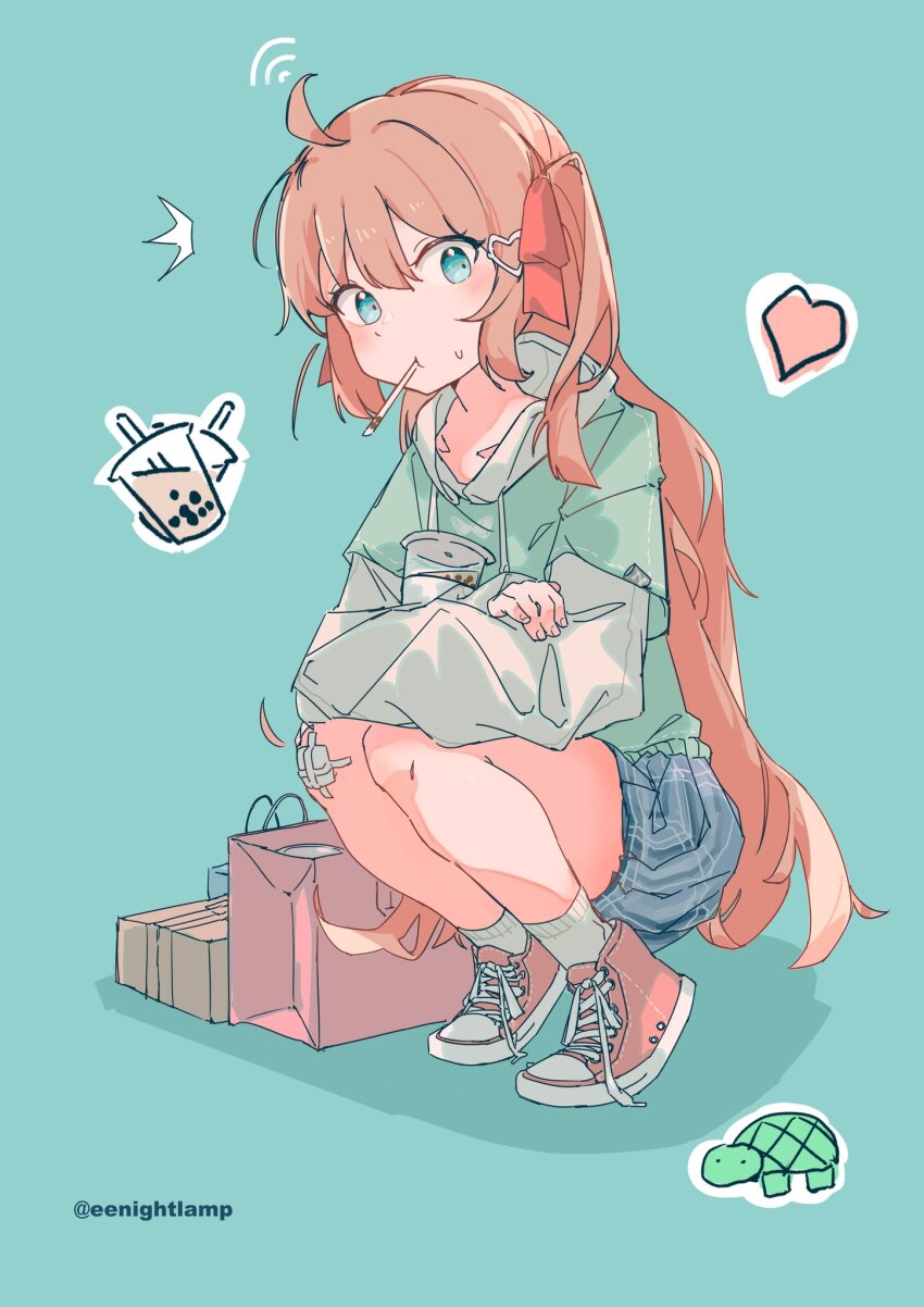1girl ^^^ ahoge artist_name bag bandaid bandaid_on_knee bandaid_on_leg blue_background blue_eyes blue_shorts brown_hair commentary drinking_straw drinking_straw_in_mouth eenightlamp english_commentary flinch green_jacket hair_between_eyes hair_ornament hair_ribbon handbag heart heart_hair_ornament highres hood hooded_jacket indie_virtual_youtuber jacket legs_together light_blush long_hair long_sleeves neuro-sama pink_shoes plaid_clothes plaid_shorts red_ribbon ribbon shoelaces shoes shorts simple_background sleeves_past_wrists sneakers socks solo squatting surprised two_side_up very_long_hair virtual_youtuber white_socks